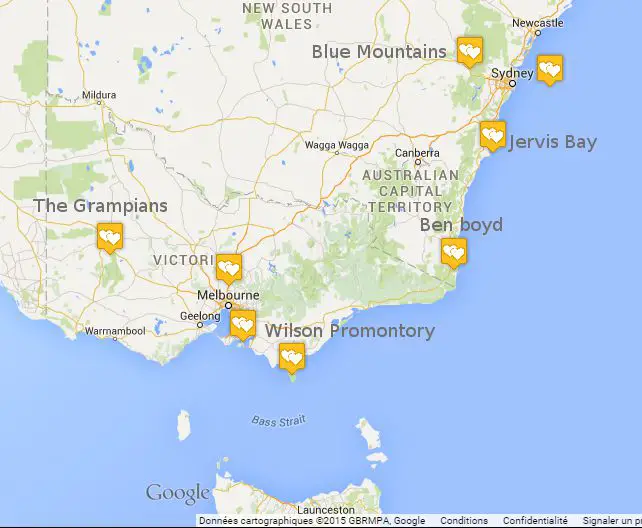 carte itinéraire Australie en famille Australie en famille en Van cote est | VOYAGES ET ENFANTS