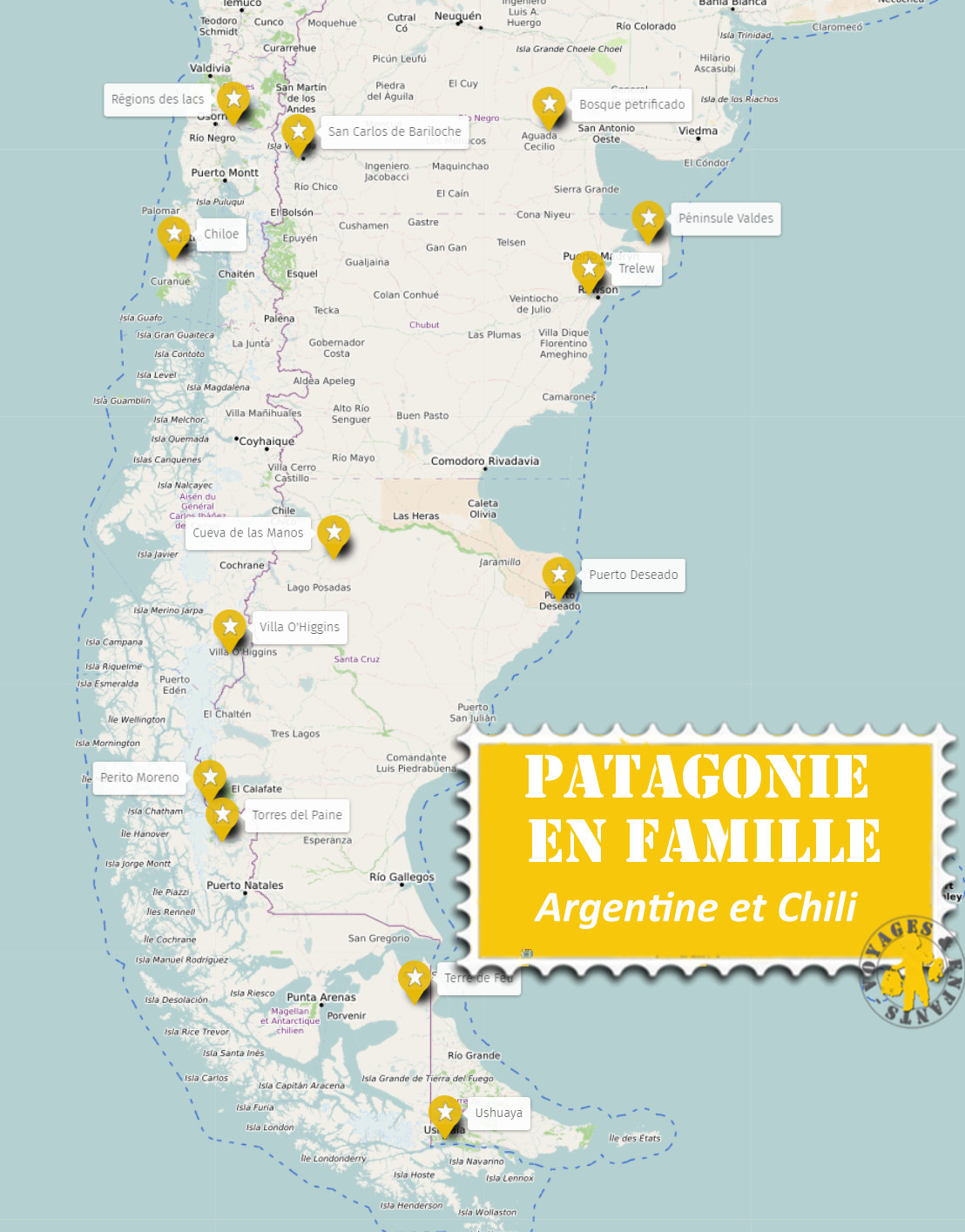 carte Patagonie en famille : visites incontournable