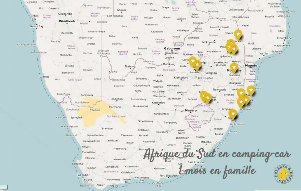 itinéraire Afrique du Sud en camping-car en famille carte