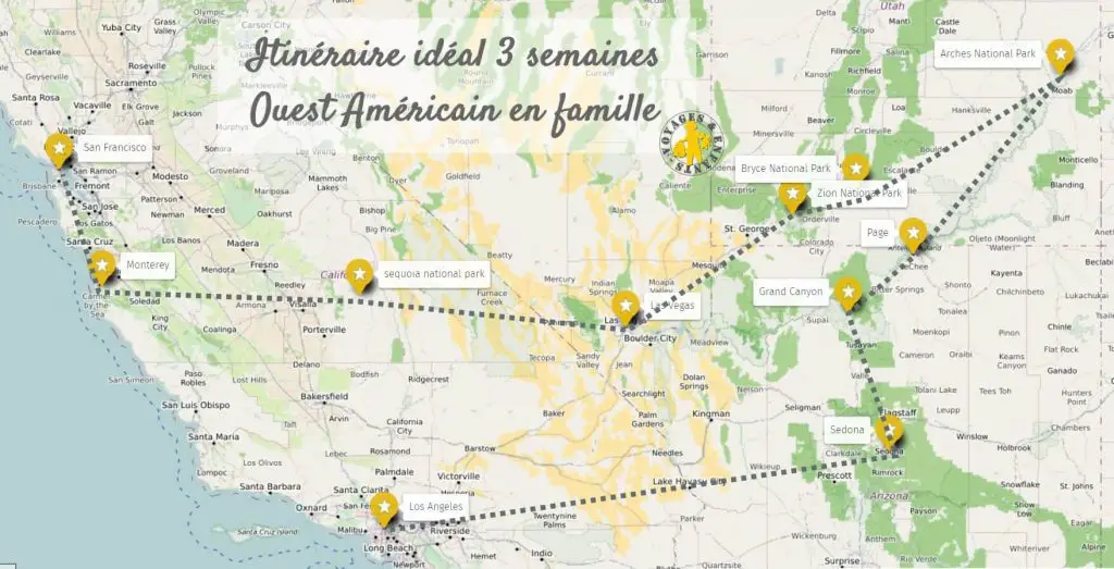carte itinéraire ouest américain en famille 3 semaines Road trip Ouest Américain en famille | Blog VOYAGES ET ENFANTS