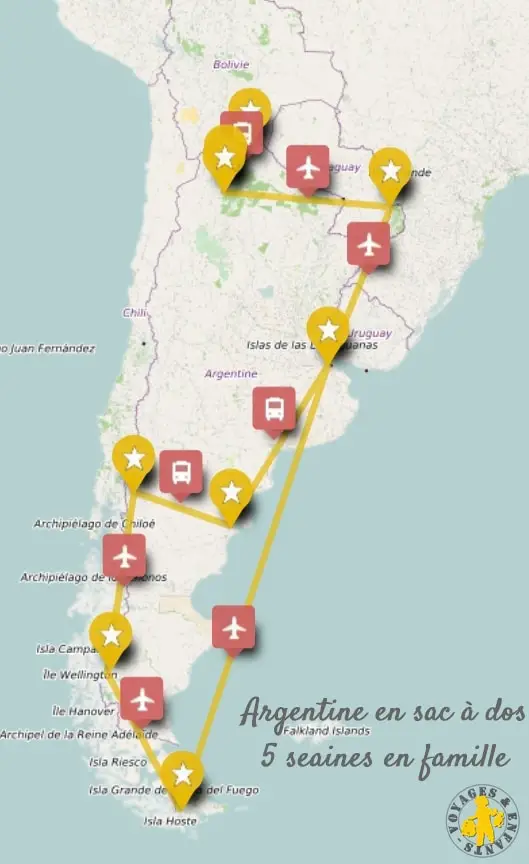 Carte itineraire Argentine en famille 5 semaines LArgentine en sac à dos en famille en 5 semaines